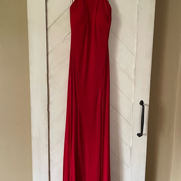 Mac Duggal Beaded Halter Neck Sleeveless Thigh High Slit Open Back Detail Gown - Picture 5 of 9